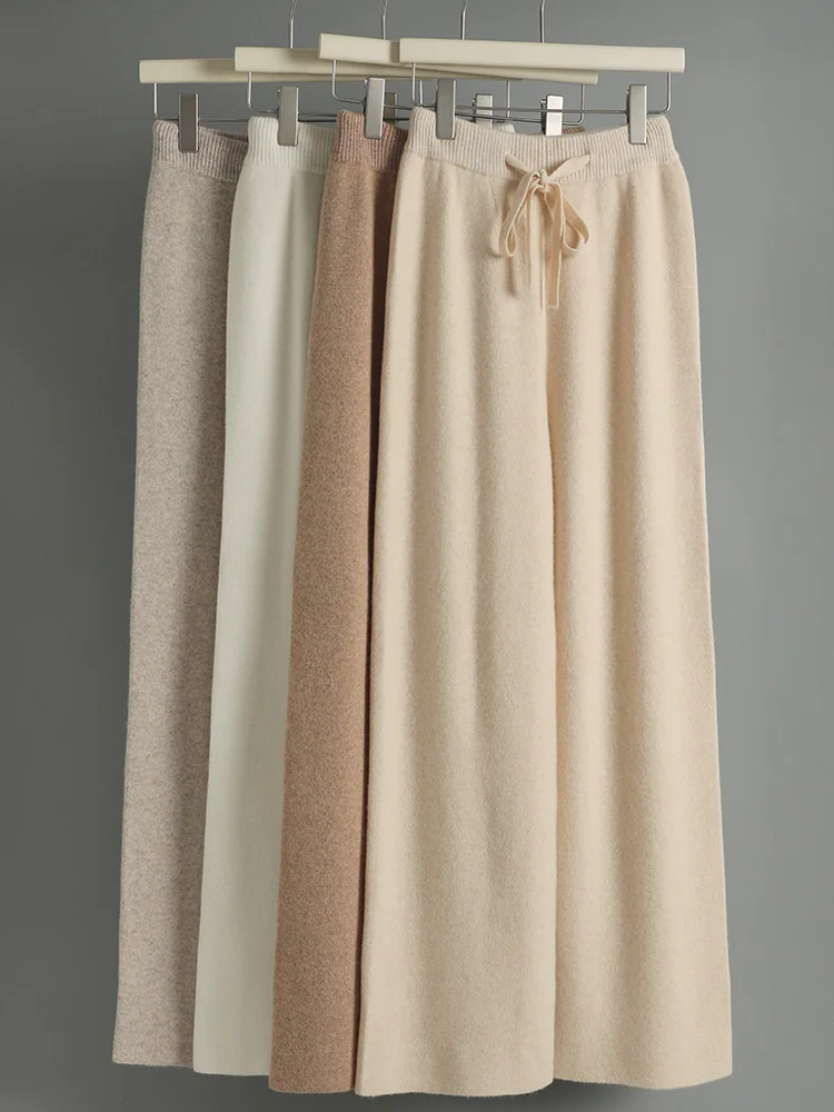 CHICUU Pantaloni da donna in cashmere Autunno Inverno Pantaloni a gamba larga Lunghezza intera 100% lana merino Maglieria Pantaloni semplici di base Coreano 2