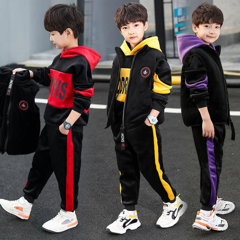 Ragazzi Set di velluto a doppia faccia Bambini Moda Abito con cappuccio Bambini Autunno Inverno Giubbotti + Pantaloni 2 pezzi Abiti Abbigliamento casual per adolescenti 1