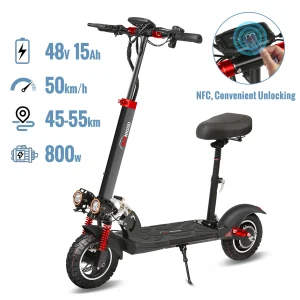 Scooter elettrico con sedile 800W Velocità massima 45-50 km/h Portata 35-55 km Pneumatici fuoristrada da 10 pollici Doppio scooter pieghevole con assorbimento degli urti 1