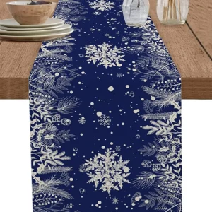 Blue Christmas Snowflake Leaves Pignes Table Runner in linen Home Decorations Dining table Runner on the Farm Decorations Navidad 1