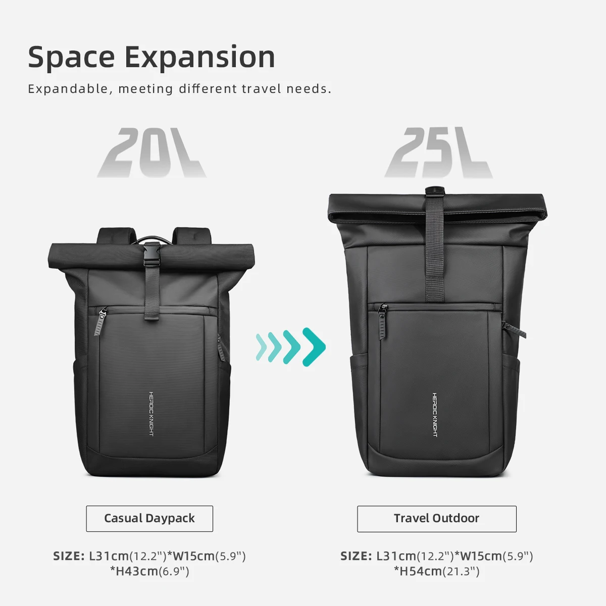 Zaino per laptop Rolltop Heroic Knight Scomparto espandibile resistente all'acqua Zaino da lavoro elegante da uomo Zaino da viaggio casual 2