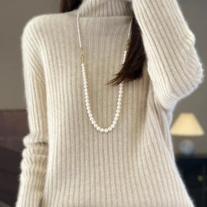 Autunno Inverno Donna 100% lana merino maglione dolcevita a righe pullover lavorato a maglia casual manica lunga spessa cashmere abbigliamento top 1