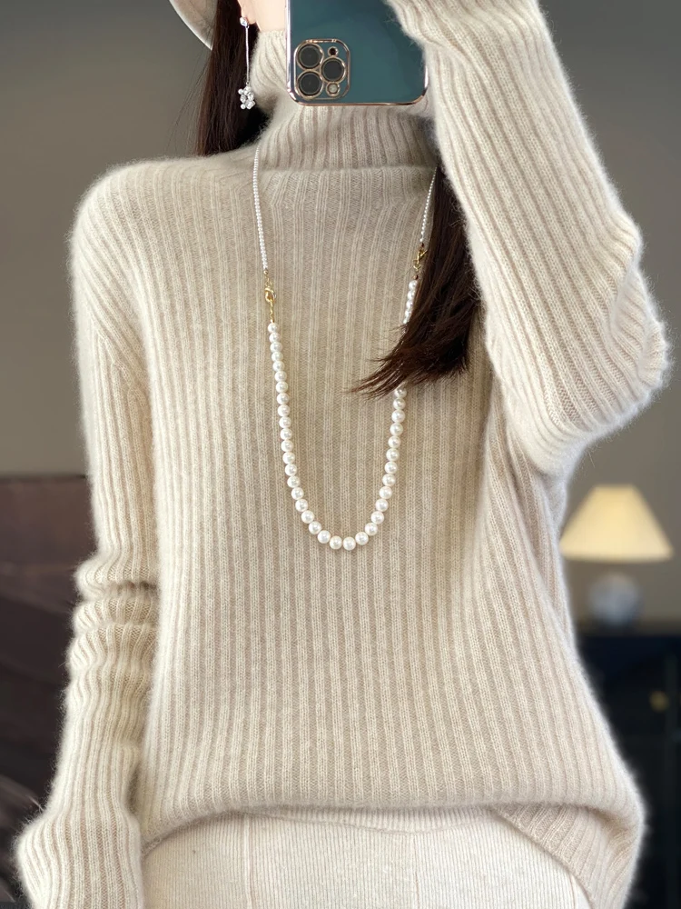 Autunno Inverno Donna 100% lana merino maglione dolcevita a righe pullover lavorato a maglia casual manica lunga spessa cashmere abbigliamento top 1