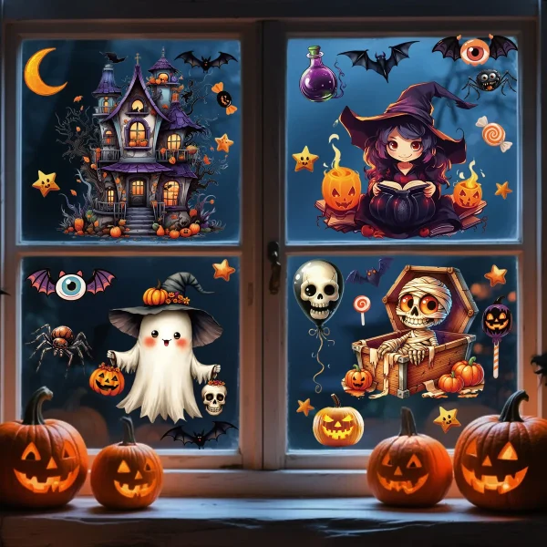 Vendita calda Fantasmi Fantasmi Testa di zucca Pipistrello Adesivi in vetro Halloween Horror Window Art - Adesivi riutilizzabili per un'atmosfera raccapricciante 3