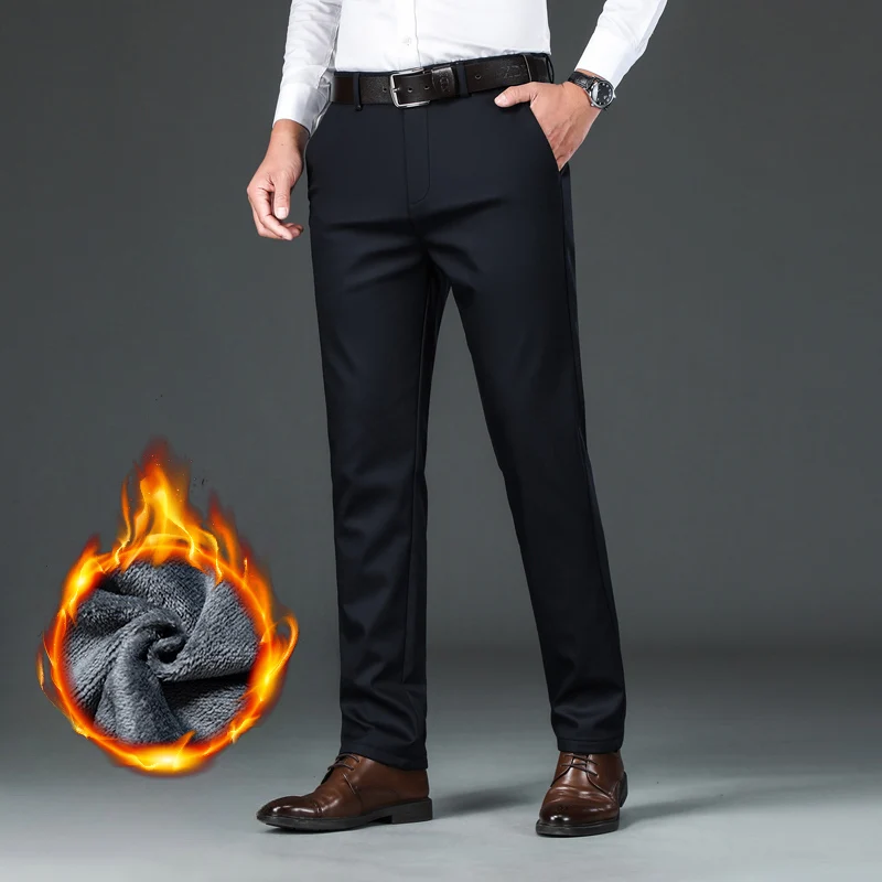 Pantaloni casual da uomo in flanella spessa blu navy inverno nuovo pile business elasticizzato pantaloni caldi in peluche pantaloni maschili dritti slim di marca 4