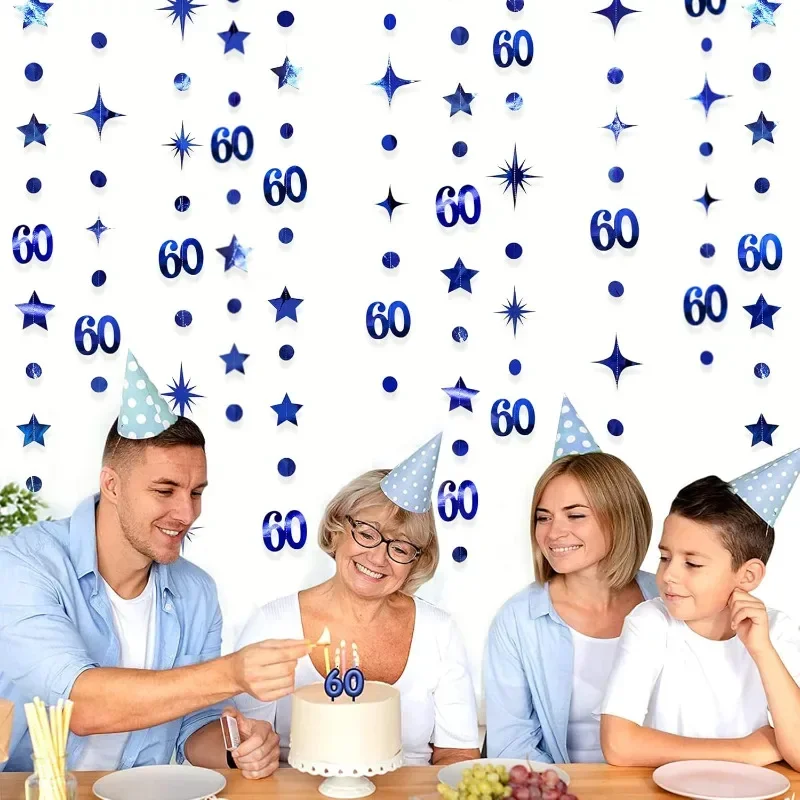 Decorazioni blu per il 60° compleanno Numero 60 Cerchio Dot Twinkle Star Ghirlanda Banner Sfondo per forniture per feste di 60° compleanno 5
