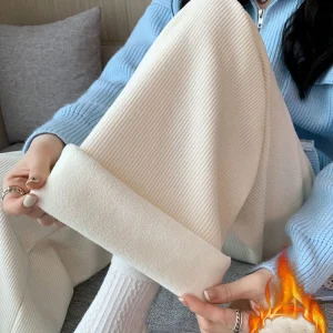 Pantaloni lunghi da donna in pile a gamba larga invernali addensano pantaloni lunghi invernali dritti in vita elastica pantaloni casual larghi con bottoni femminili 1