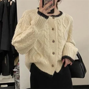 2025 coreano autunno inverno cappotto donna monopetto petchwork maglione lavorato a maglia cardigan signora casual elegante O collo outfit cappotti 1