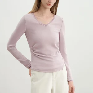 ZIQIAO 2025 T-shirt da donna autunno inverno con scollo a V e finiture in pizzo - Top slim fit definito in vita con morbido elasticizzato per il comfort casual 1
