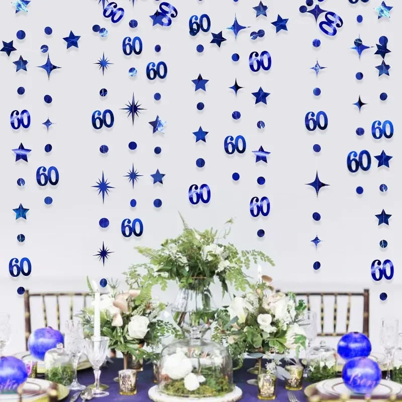 Decorazioni blu per il 60° compleanno Numero 60 Cerchio Dot Twinkle Star Ghirlanda Banner Sfondo per forniture per feste di 60° compleanno 4