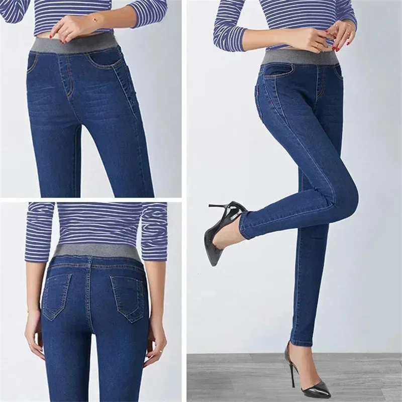 Jeans elasticizzati in velluto invernale Plus da donna oversize 40 jeans skinny a vita alta pantaloni in denim caldi e spessi pantaloni a matita per mamma alla moda 5