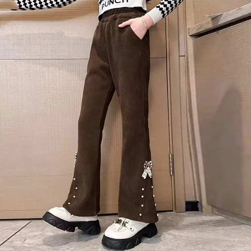 Pantaloni a zampa d'elefante da ragazza Pantaloni foderati in pile per bambini Nuovi pantaloni larghi autunno inverno Pantaloni a gamba larga moda per bambini 4-14 anni 6