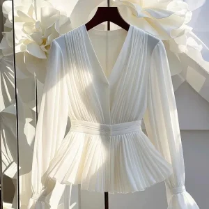 Camicia abbottonata bianca a maniche lunghe pieghettata elegante da donna con scollo a V e tunica con volant Camicetta basic in chiffon Lady Office Casual 1