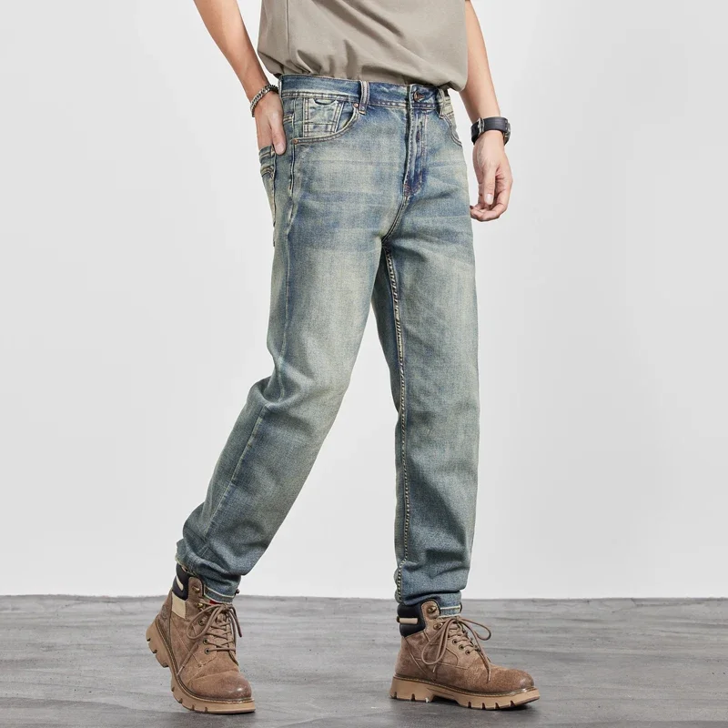 2025 Primavera Autunno Nuovo Sottile Piccolo Dritto Stretch Vintage Cerniera Jeans da Uomo Allentato Stretch Nostalgico Pantaloni Casual da Uomo 3