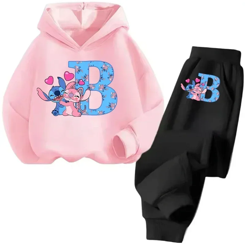 Autunno Inverno Stitch Disney Manica lunga Ragazzi Ragazze Set per bambini Moda casual Cartoon Lettera Felpe con cappuccio Set Pantalone Tute 3