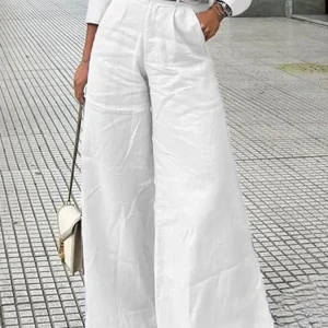 Bonboho Pantaloni da donna a gamba larga a vita alta in cotone e lino con tasche Pantaloni da ufficio casual estivi minimalisti in tinta unita 2025 1
