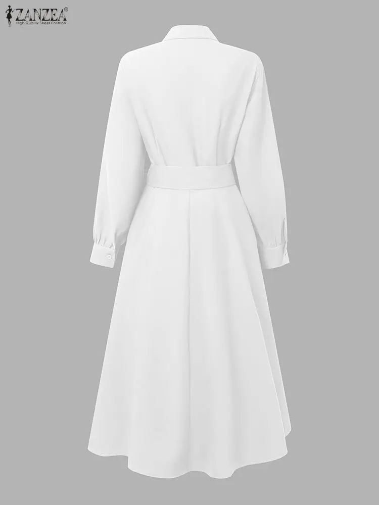 ZANZEA Moda Donna Risvolto Collo Manica Lunga Vestito Da Partito 2025 Autunno Ufficio OL Abiti Con Cintura Veste Solido Una Linea A Vita Vestito Estivo 3