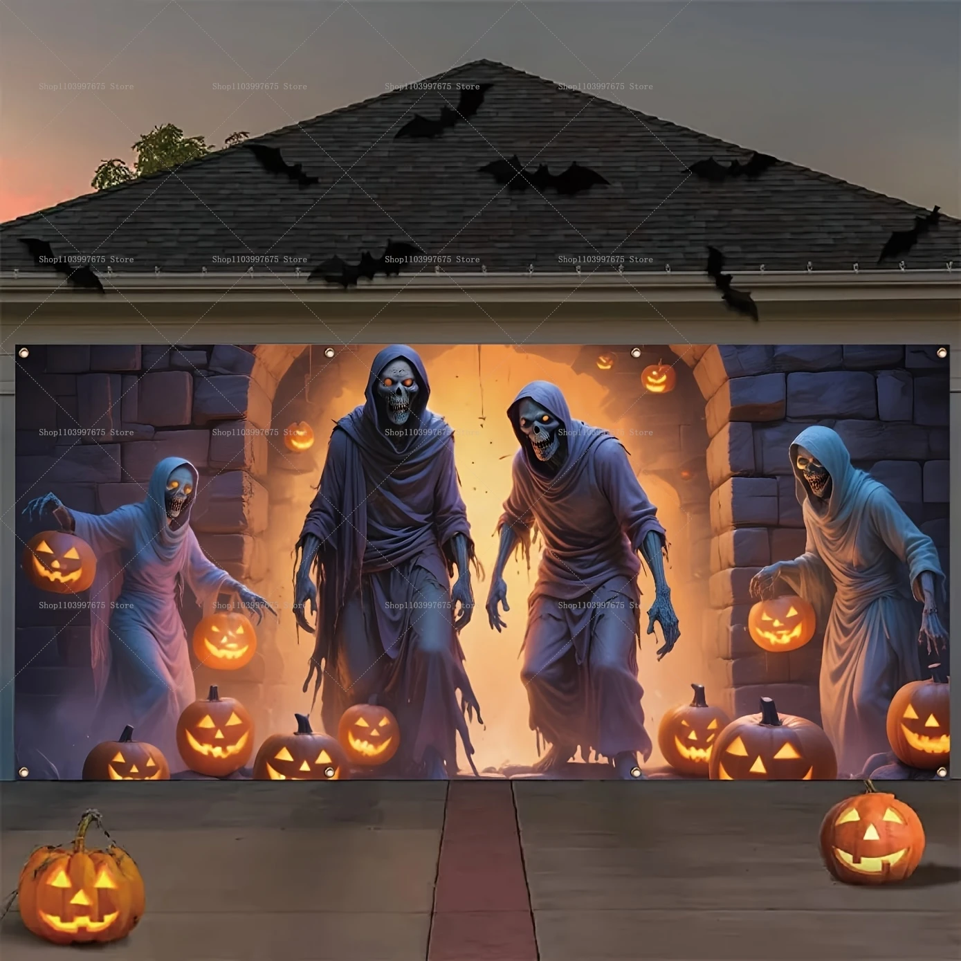 Halloween Strega Zucca Porta del garage Banner Decorazione Fondale fotografico Pareti esterne Eventi Sfondo Puntelli Forniture per feste 4