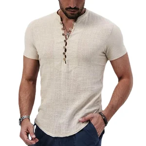 Maglietta a maniche corte da uomo nuova con scollo a V e bottoni Camicia in cotone e lino Abbigliamento casual da uomo Top popolari per uomo 1