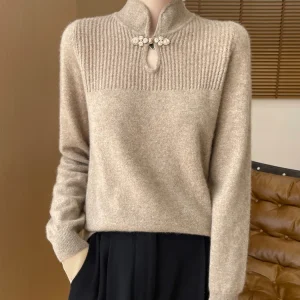 Maglione da donna in lana merino Pullover con colletto alla coreana Maglieria con fondo in cashmere stile cinese Top a maniche lunghe retrò 1