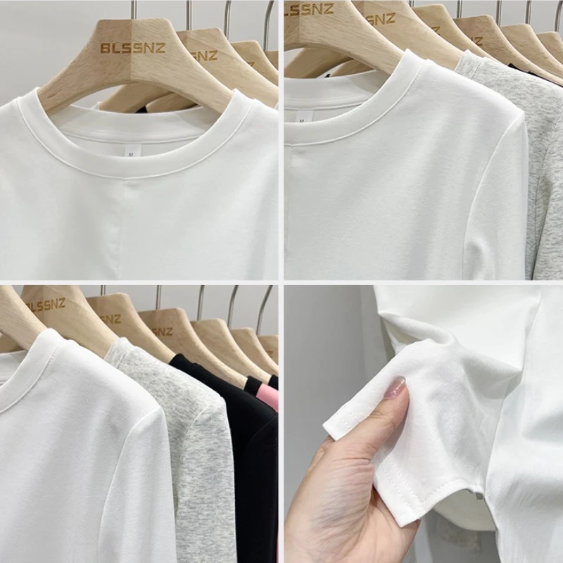 Donna Autumnr Inverno Casual Splice Top T-shirt Donna Slim Versatile Cotone Tees 2025 Basic Solid Manica lunga O Collo T Shirt 6