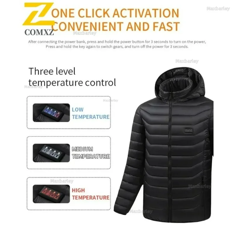 Giacca riscaldata da 9 aree Uomo Donna Parka 4 interruttori USB Abbigliamento autoriscaldante Cappotto invernale imbottito da campeggio con cappuccio staccabile 3