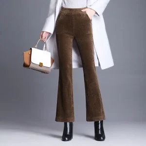 Semplicità Moda Autunno Inverno Pantaloni svasati in velluto a coste Donna Tasca solida Elastico a vita alta più Pantaloni casual dritti in velluto 1