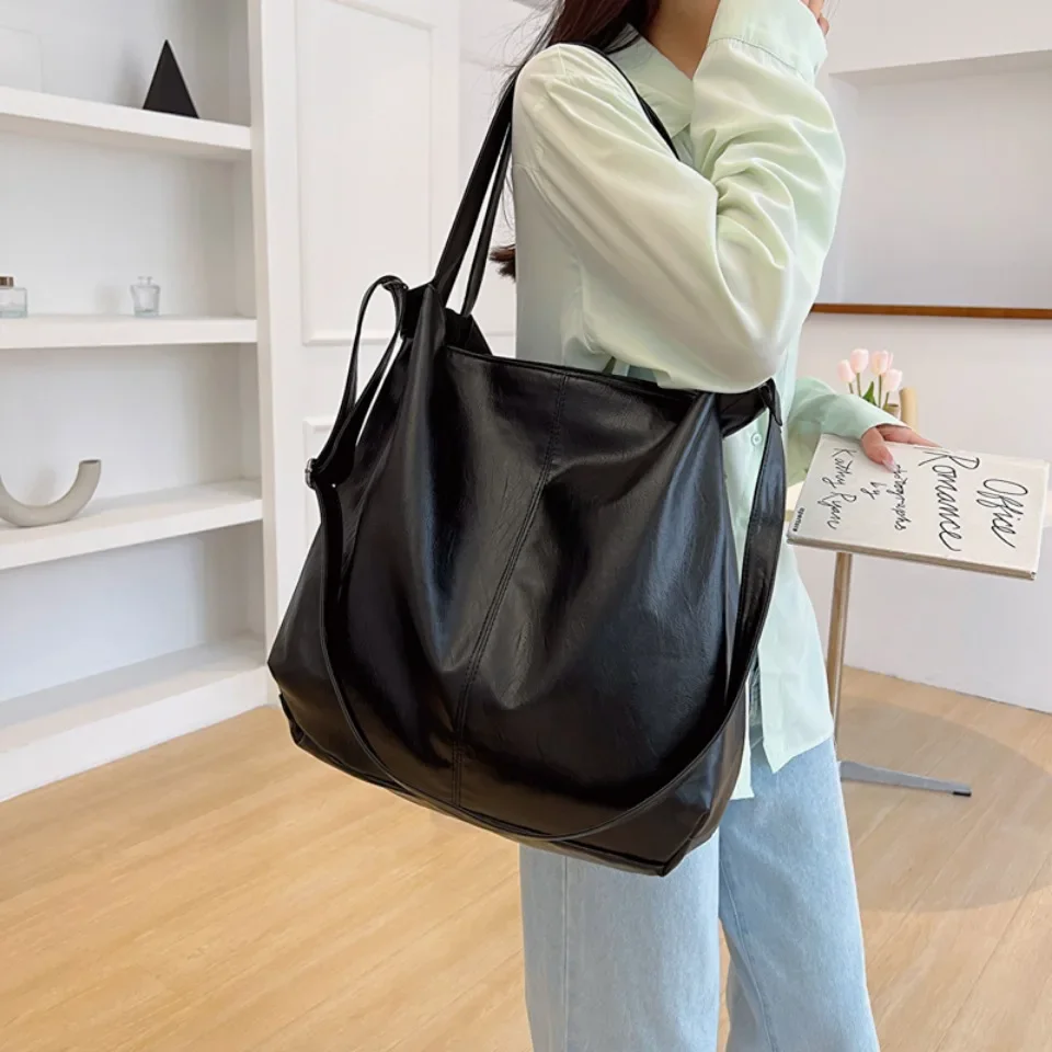 Borsa tote casual in morbida pelle PU grande per donna Borsa laterale a tracolla per shopping retrò semplice di grande capacità femminile alla moda 4
