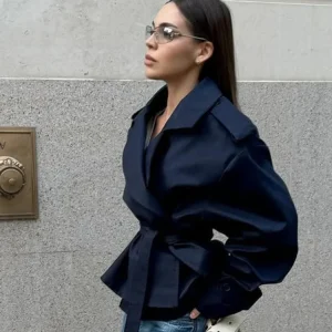 Giacca a vento da donna con lacci Colletto con risvolto chic Maniche lunghe Spalla larga Cappotti corti 2025 Giacca quotidiana elegante per pendolarismo autunnale 1