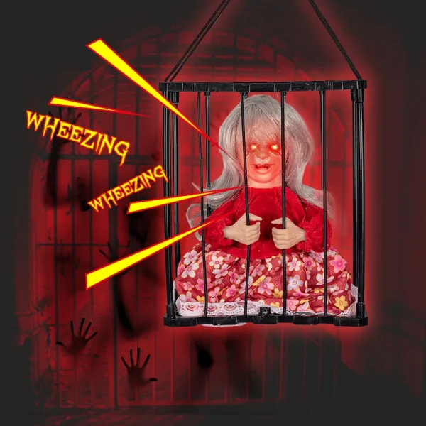 Decorazioni di Halloween fantasma urlante appendibile con sensore di movimento Occhio luminoso Suono Scheletro Gabbia Prigioniero Casa stregata Prop 2