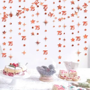 Decorazioni per striscioni di compleanno in oro rosa 75th numero 75 Circle Dot Twinkle Star ghirlande fondale appeso per 75th Birthday Party 1