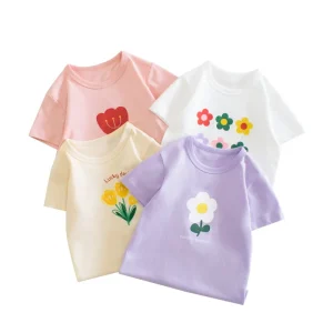 T-shirt manica corta fiore estate coreana 2024 per ragazze 2-8 anni cotone bambina top neonata Tees vestiti 1