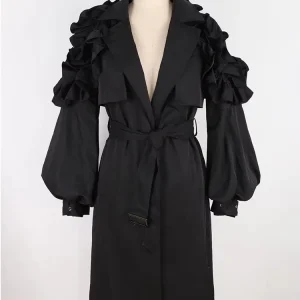 Mauroicardi Trench lungo primaverile kaki da donna con cintura con maniche arricciate Elegante soprabito nero di lusso modesto chic 2025 1