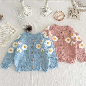 Cappotto maglione per bambina da bambino Ricamo floreale fatto a mano Cardigan lavorato a maglia per neonata Autunno Primavera Abbigliamento per bambina 1