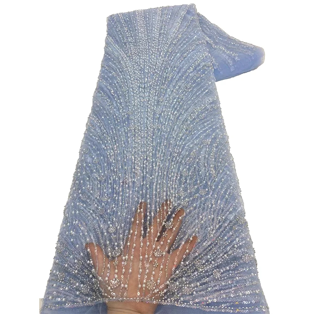 Abito da sposa da donna in tessuto di pizzo con perline fatto a mano in oro africano di alta qualità 2025 cucito con paillettes ricamo tessuto di pizzo nigreiano 3