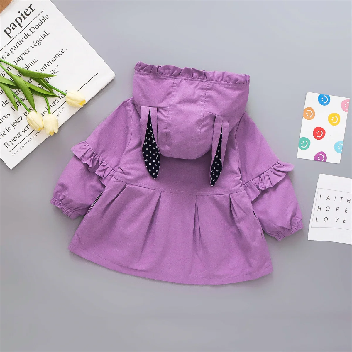 Giacca per bambini primaverili e autunnali Ragazza per bambini Cappello per orecchie solido Cappotto a maniche lunghe con doppio petto e giacca a vento carina 4