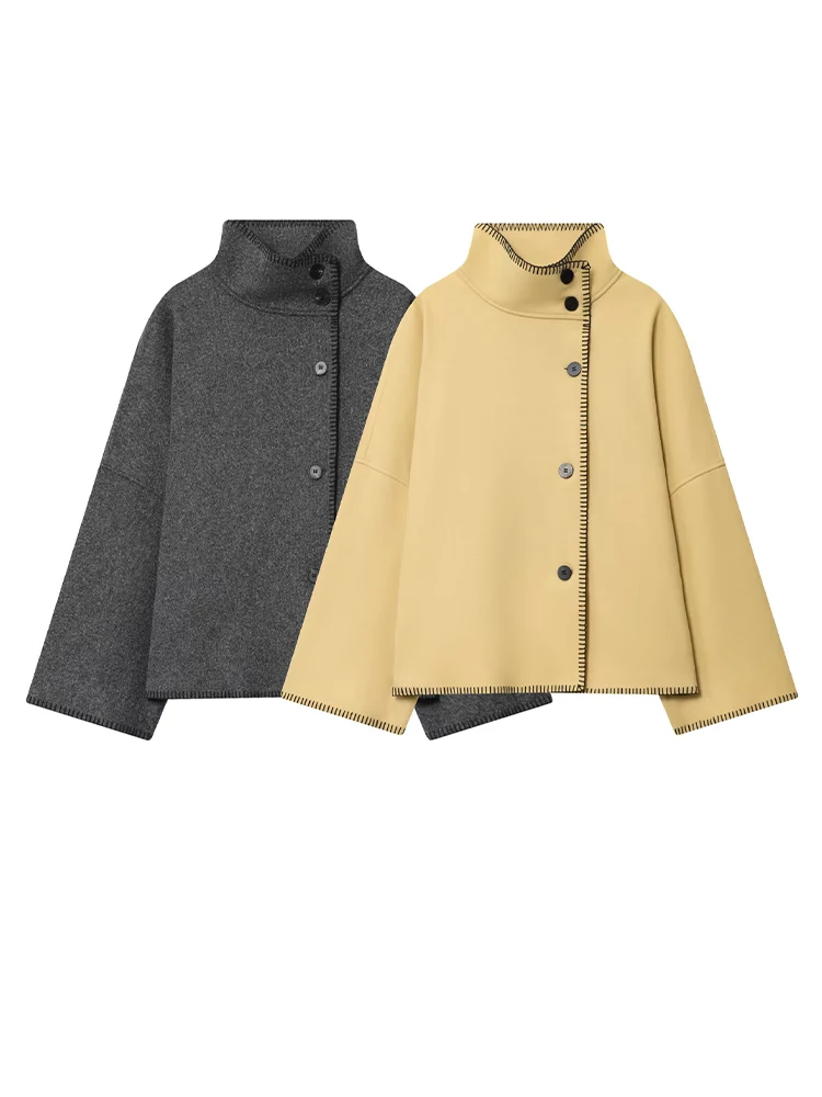 HH Donna Autunno Moda Cappotto allentato Donna Cappotto casual Dolcevita a maniche lunghe Monopetto Decora giacche stile street solido 6