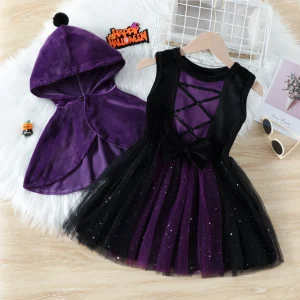 Set di costumi da strega di Halloween per bambini da 2 pezzi, scialle con cappuccio e tutù in tulle, vestito da Holloween per ragazze per 2-7 anni 1