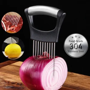 Porta cipolla in acciaio inossidabile Affettatrici per alimenti Assistente Pomodoro Porta affettatrice per cipolla Verdure Forchetta da taglio Gadget da cucina 1