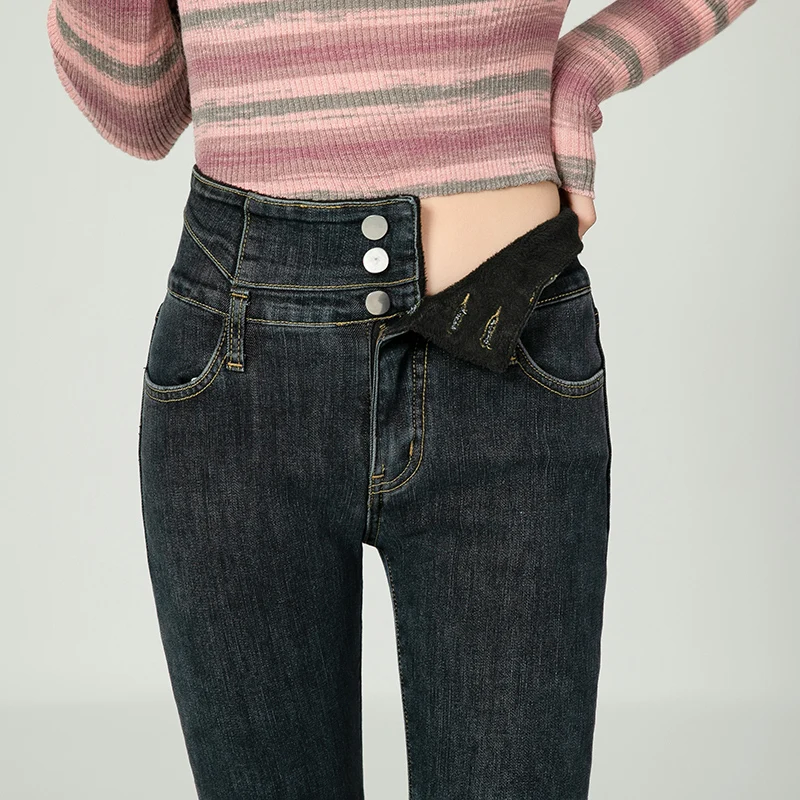 OUSSYU Jeans da donna in velluto spesso invernale Pantaloni skinny a vita alta Pantaloni a matita in denim casual da donna elasticizzati slim in pile caldo 5