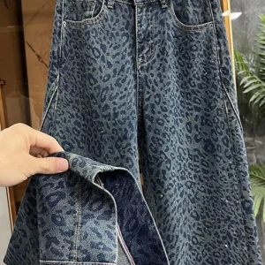 Donna 2025 Autunno Inverno Retro Stampa leopardata Jeans larghi Donna Vita alta Pantaloni casual Donna Pantaloni lunghi in denim a gamba larga L583 1