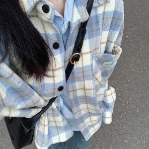 Nuova primavera autunno camicia scozzese blu giacca da donna stile Hong Kong design di nicchia top da coppia INS top da studente alla moda senza maniche 1