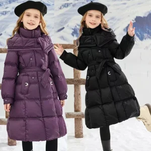 -30 ℃ Giacca da ragazza stile lungo invernale nuovo trench con cappuccio moda caldo spesso tinta unita per tuta da neve in cotone per bambini 5-10 anni 1