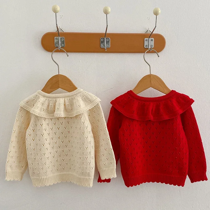 Autunno nuove ragazze Cardigan indumenti per bambini maglioni lavorati a maglia colletto arruffato neonate Cardigan cappotto per bambini giacca a maniche lunghe retrò 2