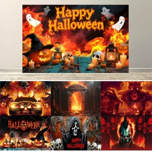 Dewprint Halloween Skull & Fire Design Banner Sfondo Strega Clowen Skull Decor Forniture per feste all'aperto Fotografia di sfondo 1