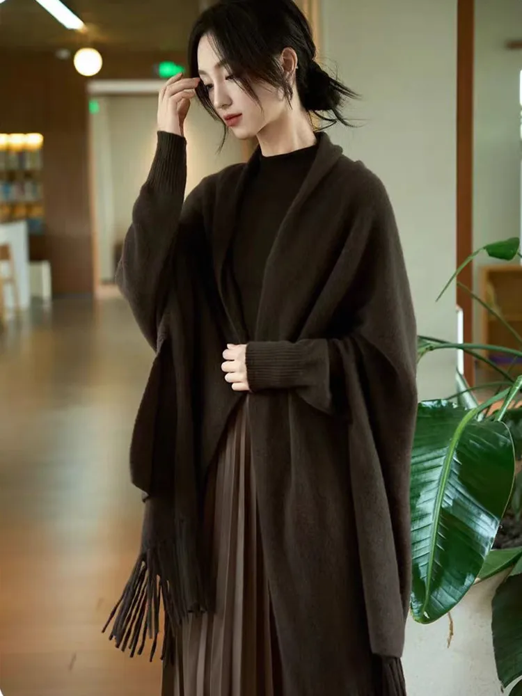 Scialle con nappa da donna alla moda Sciarpa in maglia di pura lana al 100% Stile coreano 2025 Autunno Inverno Cachemire di fascia alta Accessorio caldo ed elegante 6