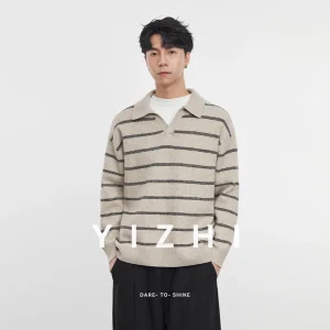 2025 Autunno e Inverno dei Nuovi Uomini di Manica Lunga A Righe Risvolto Maglione Coreano A Maniche Lunghe Top da Uomo Pullover Polo Maglione 1