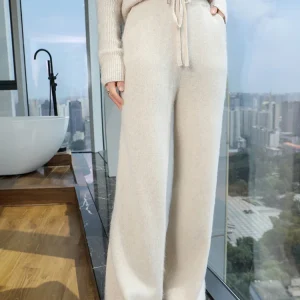 Pantaloni in cashmere da donna Pantaloni a gamba larga in vita elastica Autunno Inverno 100% visone Cashmere Maglieria Tasche Pantaloni casual con coulisse 1