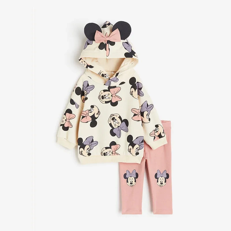 Minnie e Topolino con stampa completa Top con cappuccio Leggings tinta unita Due pezzi Nuovi bambini Cartoon Felpa + Pantaloni Set di vestiti per bambini 3