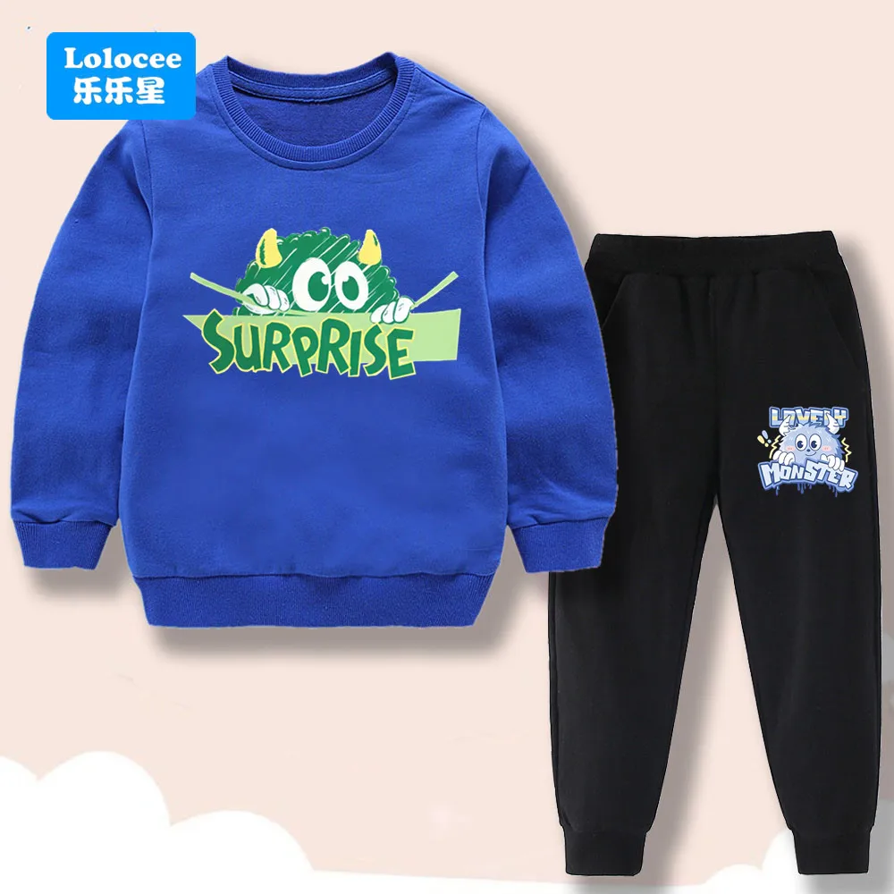 Set di abbigliamento per bambini primavera/autunno Cartoon Monster Print Pantaloni in felpa con o collo da ragazzo Set pullover in due pezzi per bambini GSJX1 1